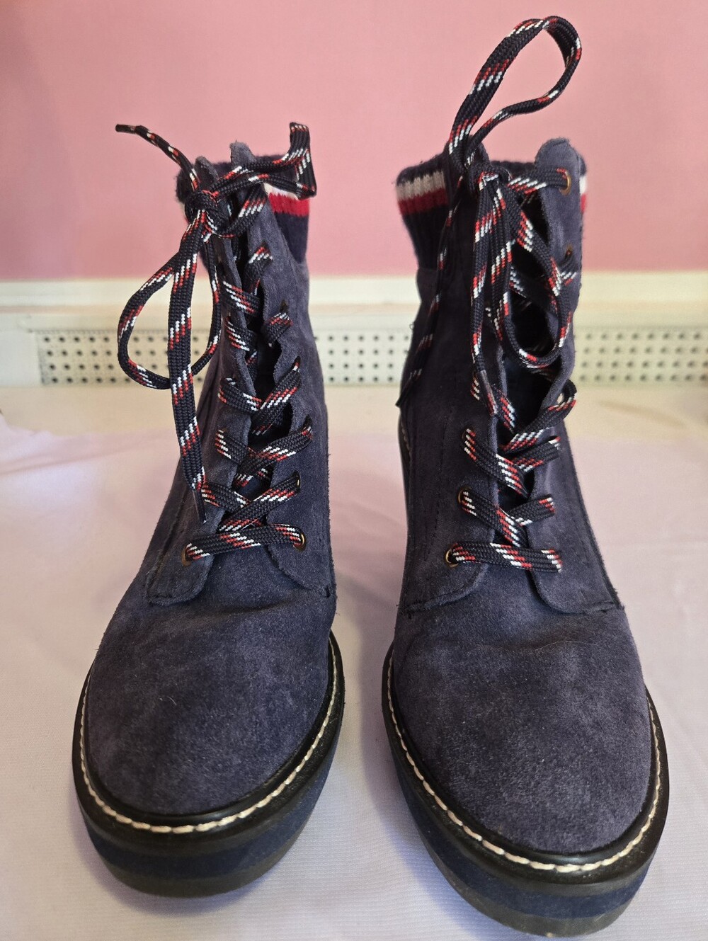 Tommy Hilfiger Navy Suede Lace-Up Ankle Boots with Red-Trim Laces